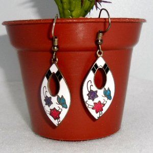 Vintage Cloisonne Dangle White Floral Butterfly Earrings